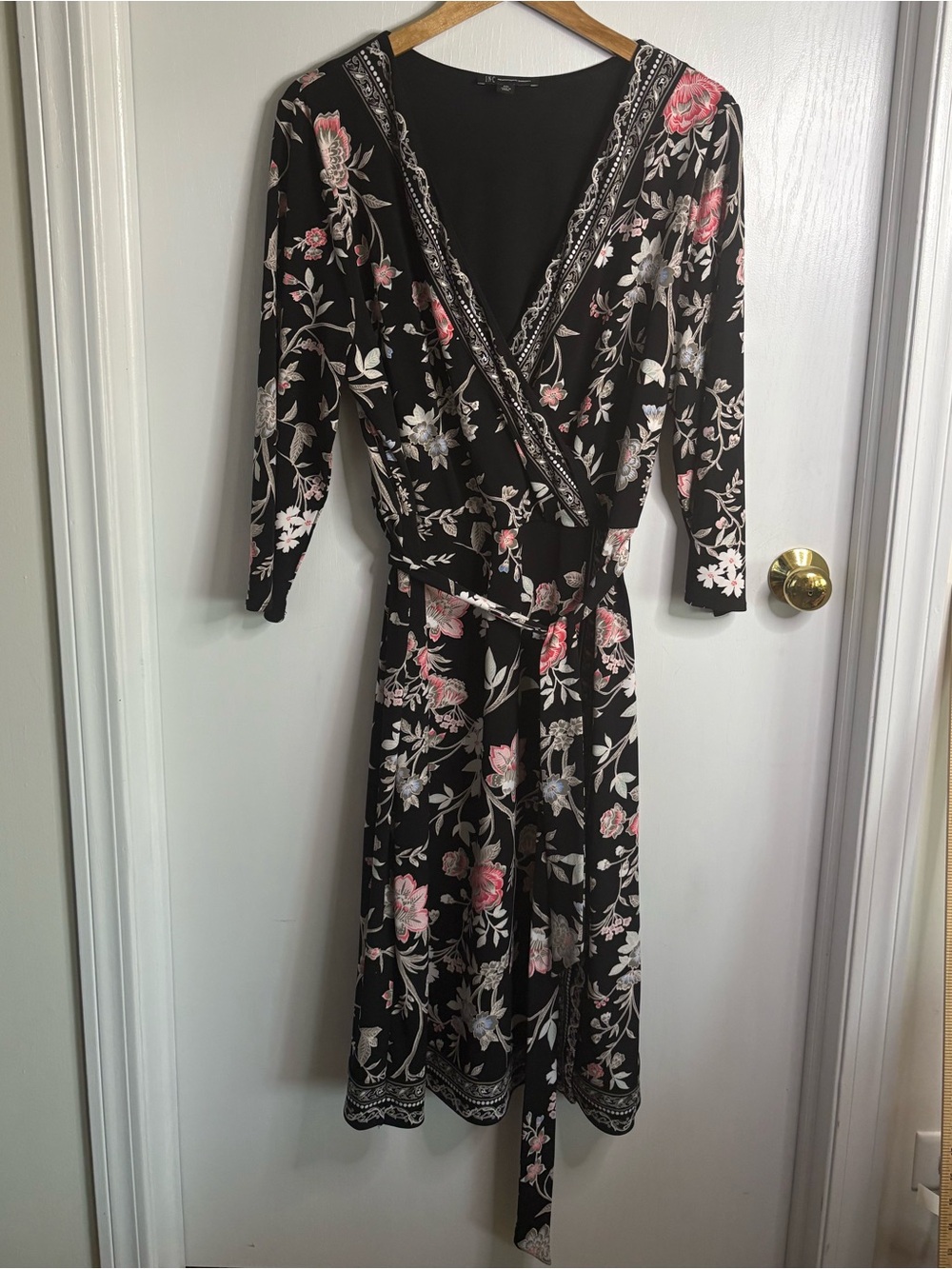 INC Sz XL Floral Wrap Dress Belted V-Neck 3/4 Sleeve Geometric Trim Career Chic